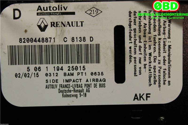 Airbag sidepute høyre til Mercedes Citan 2012-2021 (W415) (W415) (MERCEDES|A 415 860 01 02|A 415 860 20 00|8200448871)