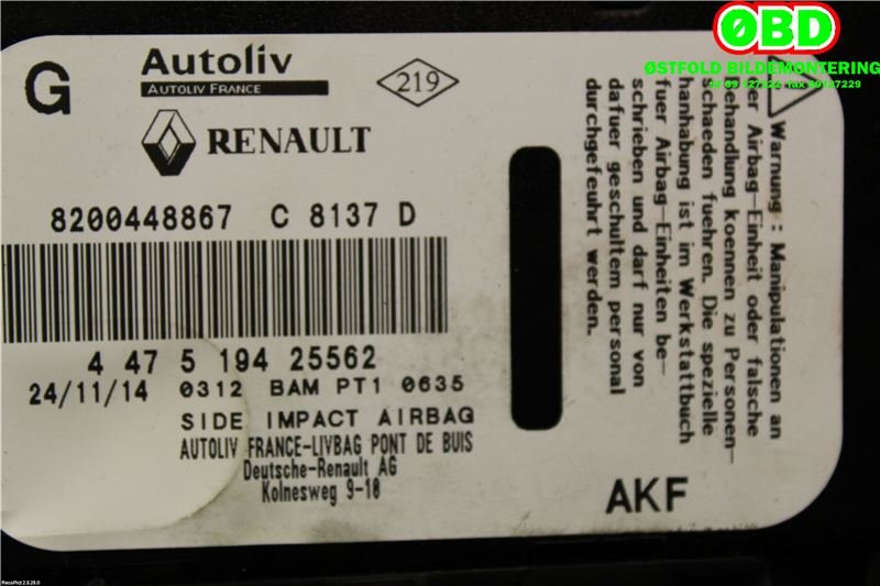 Airbag sidepute venstre til Mercedes Citan 2012-2021 (W415) (W415) (MERCEDES|A 415 860 00 02|A 415 860 19 00|8200448867)