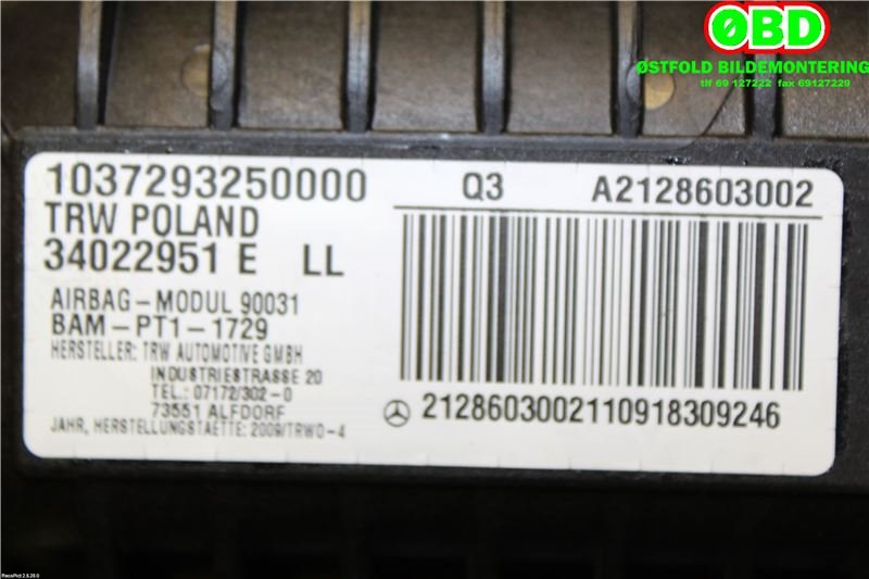 Airbag passasjer til Mercedes E-Klasse 2009-2013 (Fase 1) (W212) (W212) (MERCEDES|A 212 860 30 02||2128603002)
