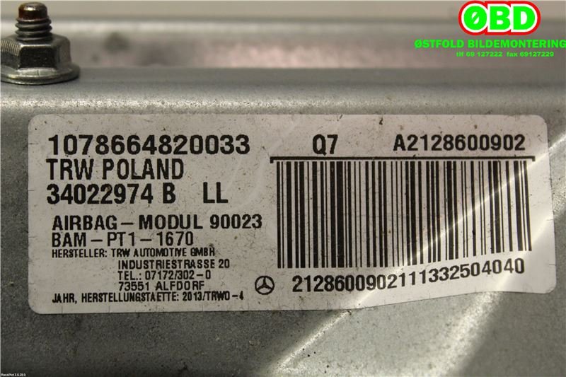Airbag kne til Mercedes E-Klasse 2013-2016 (Fase 2) (W212) (W212) (MERCEDES|A 212 860 09 02||2128600902)