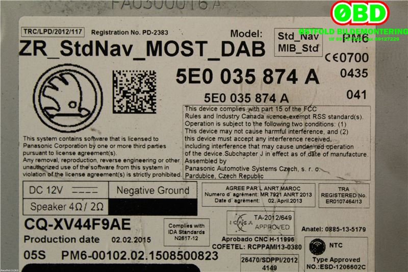 Bilstereo diverse til Škoda Octavia 2013-2016 (Type III, Fase 1)  (SKODA|5E0 035 874 A||5E0035874A)