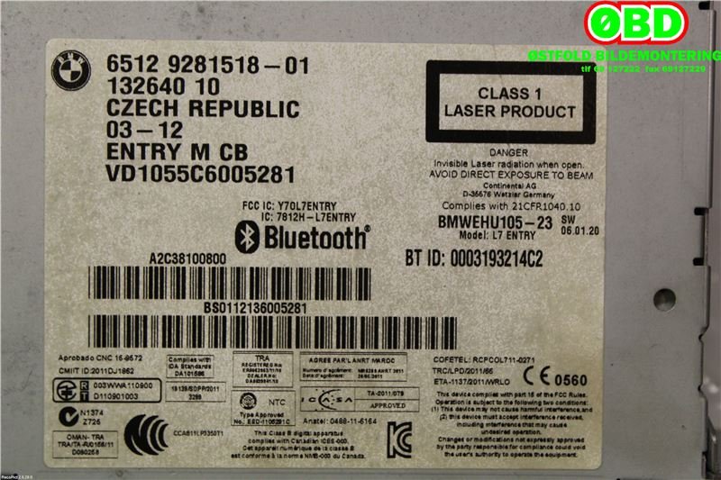 Bilstereo til BMW 1-Serie 2011-2015 (Fase 1) (F20/F21) (F20/F21) (BMW|65129270362||65129281518)
