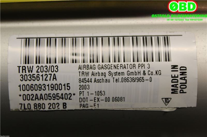 Airbag passasjer til Porsche Cayenne 2002-2006 (Fase 1) (9PA) (9PA) (Porsche|955 803 071 01|955 803 071 05|7L0880202B)
