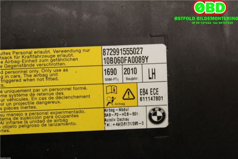 Airbag sidepute venstre til BMW X1 2009-2015 (E84) (E84) (BMW|72122991555|)