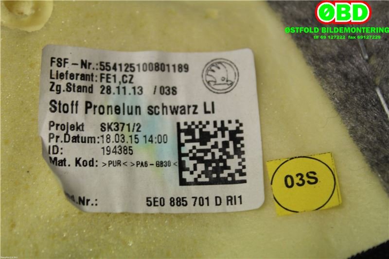 Airbag sidepute venstre til Škoda Octavia 2013-2016 (Type III, Fase 1) (SKODA|5E0 885 701 D||5E0885701D)