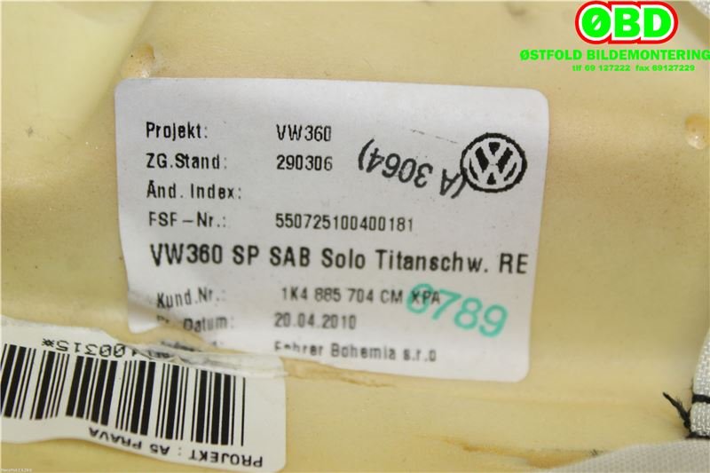 Airbag sidepute høyre til VW Golf VI 2008-2012 (VOLKSWAGEN|1K4 880 442 A|1K4 880 442 C|)