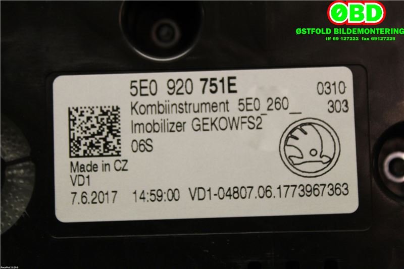 Instrumentpanel til Škoda Octavia 2017-2020 (Type III, Fase 2)  (SKODA|5E0 920 751 E||5E0920751E)