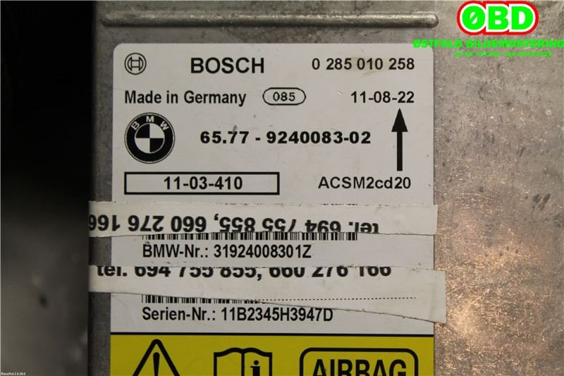 Airbag elektronikk til BMW X5 2007-2013 (E70) (E70) (BMW|65779240083|0285010258)