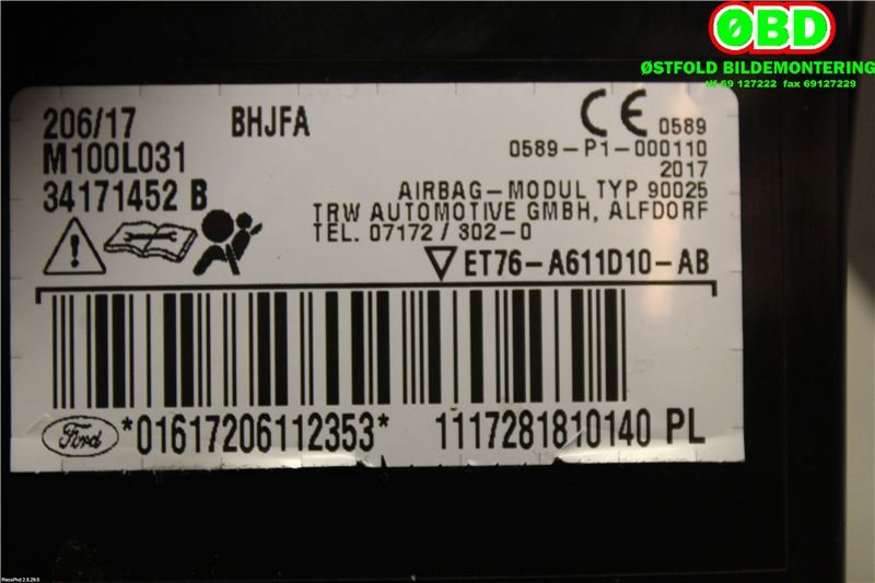 Airbag sidepute høyre til Ford Transit Courier 2018-2023 (Type I, Fase 2)  (FORD|2120450||ET76A611D10AB)