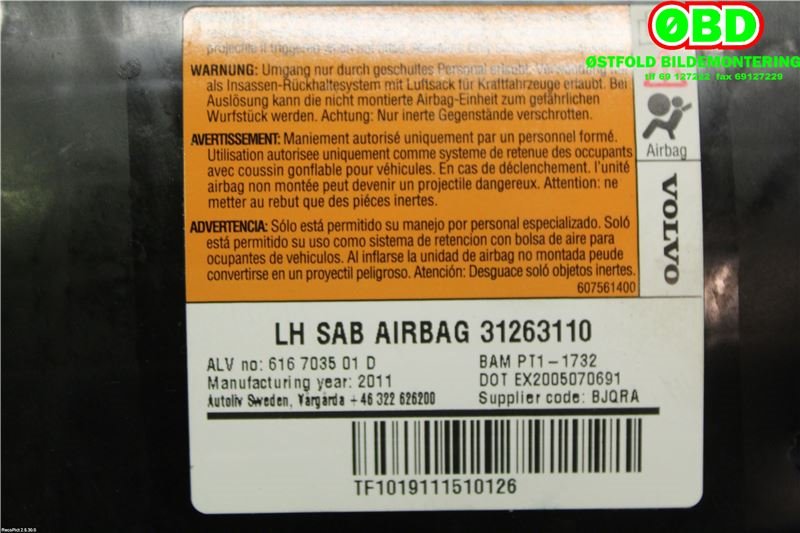 Airbag sidepute venstre til Volvo V60 2010-2013 (Type I, Fase 1)  (VOLVO|31418253||31263110)