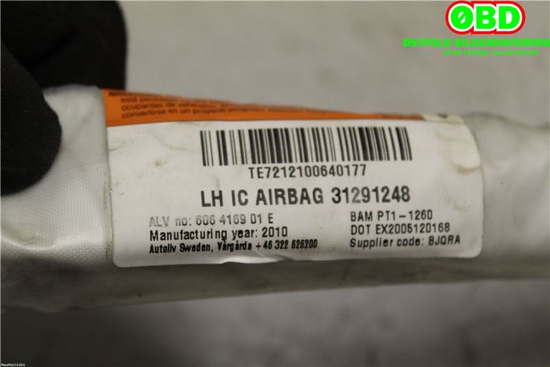 Airbag gardin venstre til Volvo V70 2007-2013 (Type III, Fase 1)  (VOLVO|31291248|)