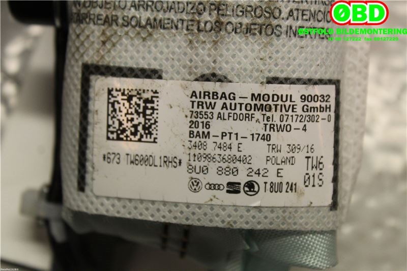 Airbag sidepute høyre til Audi Q3 2015-2018 (Type I, Fase 2)  (AUDI|8U0 880 242 E||8U0880242E)