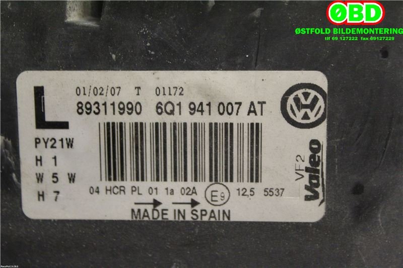 Frontlykt venstre halogen til VW Polo 2005-2009 (Type IV, Fase 2)  (VOLKSWAGEN|6Q1 941 007 AT||6Q1941007AT)
