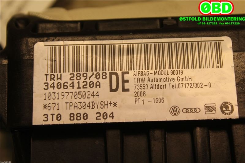 Airbag passasjer til Škoda Superb 2008-2015 (Type II)  (SKODA|3T0 880 204|3T0 880 204 C|3T0880204)