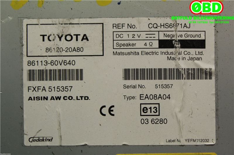 Bilstereo navigasjon til Toyota Avensis 2009-2015 (Type III, Fase 1)  (TOYOTA|8610005052||8612020A80)