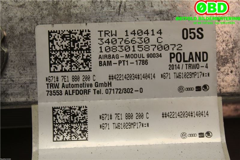 Airbag passasjer til VW Transporter / Caravelle 2009-2015 (Fase 2) (T5) (T5) (VOLKSWAGEN CARAVELLE|7E1 880 200 C||7E1880200C)