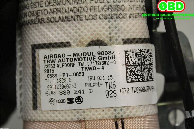 Airbag sidepute venstre til Škoda Fabia 2014-2021 (Type III) (SKODA|6V0 880 241 D||6V0880241D)