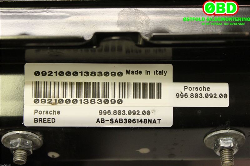 Airbag sidepute høyre til Porsche Boxster 1997-2004 (986) (986) (PORSCHE|996 803 092 00||99680309200)