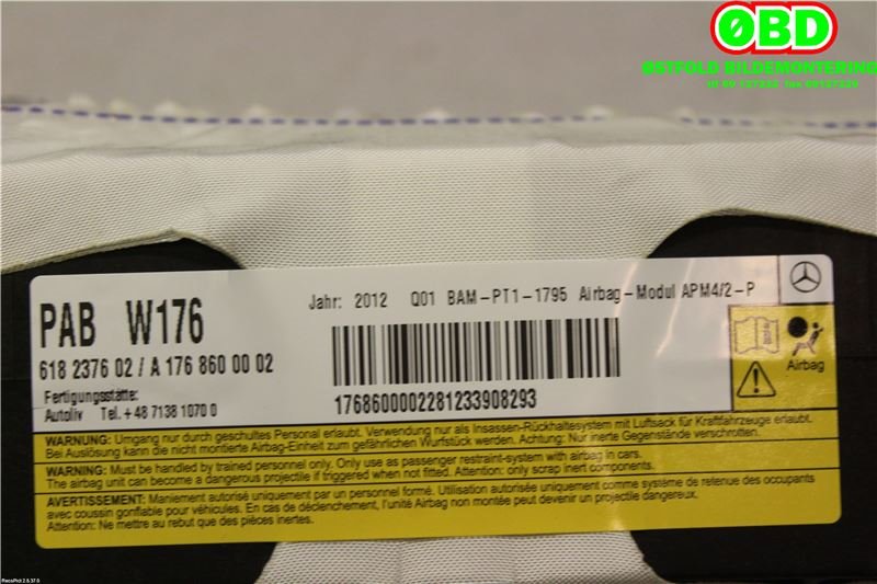 Airbag passasjer til Mercedes A-Klasse 2012-2018 (W176) (W176) (MERCEDES|A 176 860 00 02||1768600002)
