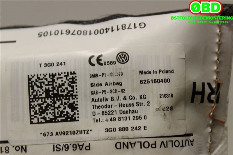 Airbag sidepute høyre til VW Passat 2015-2019 (Fase 1) (B8) (B8) (VOLKSWAGEN|3G0 880 242 E|3G0 880 242 G|3G0880242E)