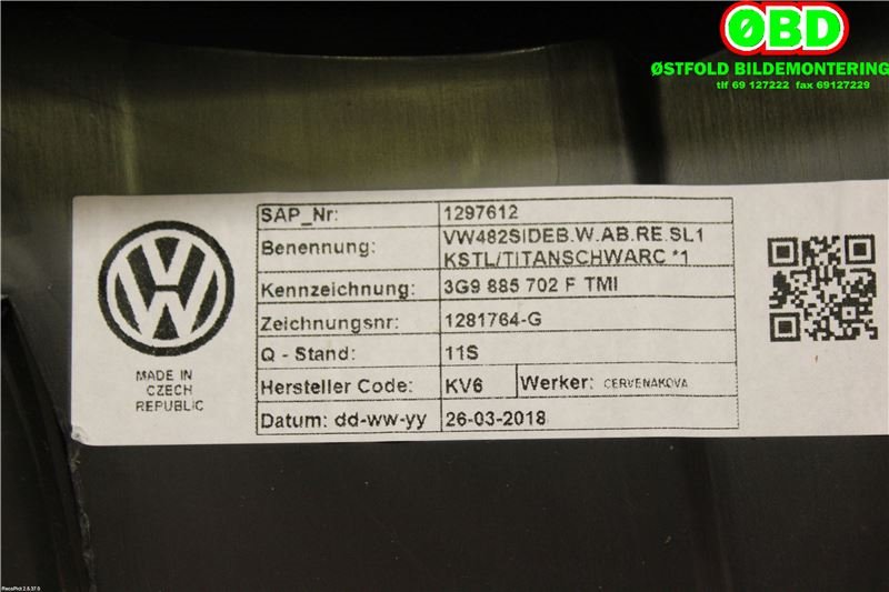 Airbag sidepute høyre til VW Passat 2015-2019 (Fase 1) (B8) (B8) (VOLKSWAGEN|3G9 885 704 B||3G9885702F)