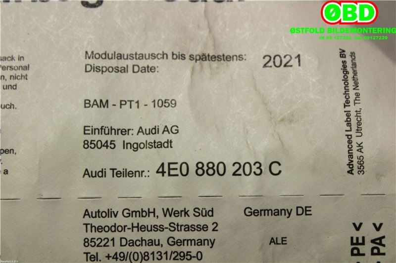 Airbag passasjer til Audi A8 2003-2010 (Type II)  (AUDI|4E0880203C|)