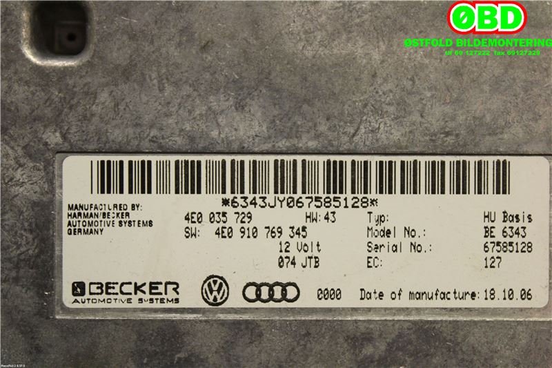 Bilstereo diverse til Audi A8 2003-2010 (Type II)  (AUDI|4E0 910 769  X|4E0 910 769 PX|4E0035729)