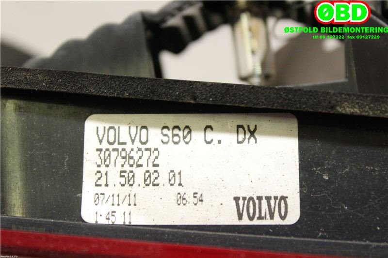 Baklykt høyre indre til Volvo S60 2010-2014 (Type II, Fase 1)  (VOLVO|30796272|)