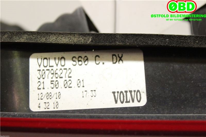Baklykt høyre indre til Volvo S60 2010-2014 (Type II, Fase 1)  (VOLVO|30796272|)