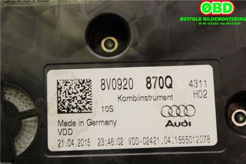 Instrumentpanel til Audi A3 2012-2016 (Type III, Fase 1)  (AUDI|8V0920870Q|)