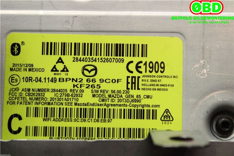 Bilstereo navigasjon til Mazda 3 2016-2019 (Type III, Fase 2)  (MAZDA|BPN2669C0F|)