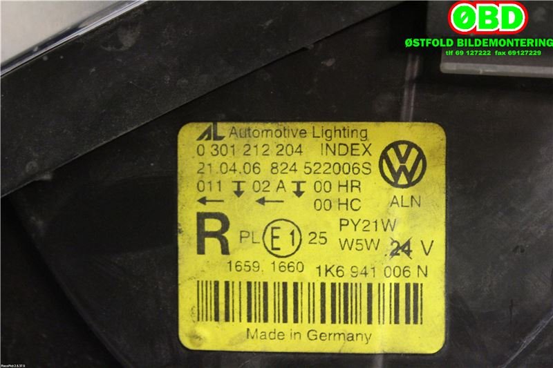 Frontlykt høyre halogen til VW Golf V, Combi 2003-2008  (VOLKSWAGEN||1K6941006N)