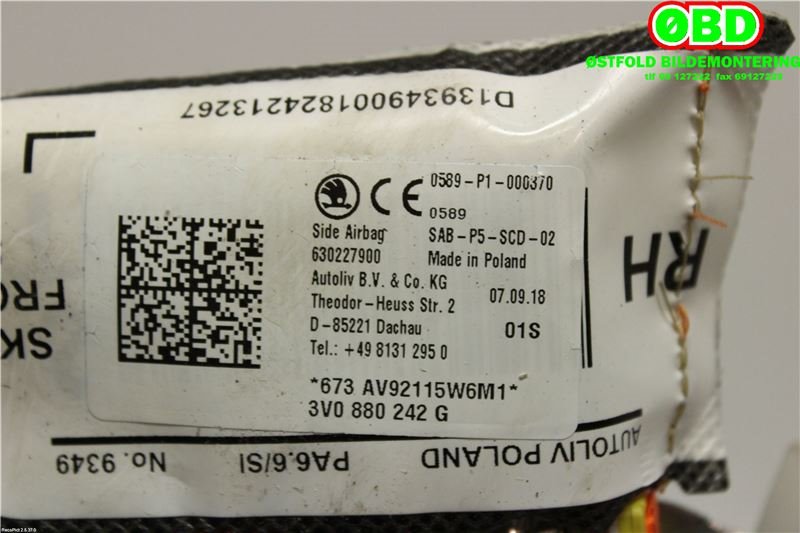 Airbag sidepute høyre til Škoda Superb 2015-->> (Type III)  (SKODA|3V0 880 242 G|3V0 880 242 J|3V0880242G)