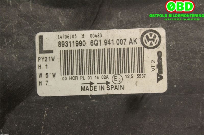 Frontlykt venstre halogen til VW Polo 2005-2009 (Type IV, Fase 2) (VOLKSWAGEN|6Q1 941 007 AT||6Q1941007AK)