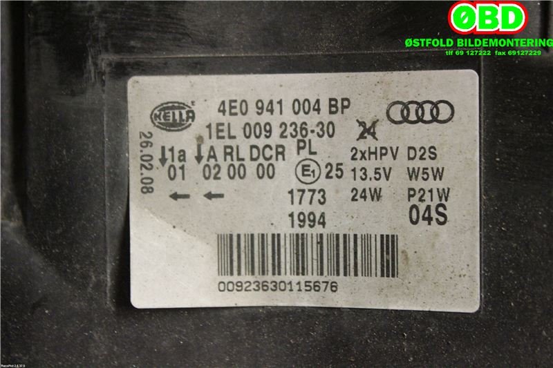 Frontlykt høyre xenon til Audi A8 2003-2010 (Type II) (AUDI|4E0 941 030 BP|4E0 941 030 CF|4E0941004BP)
