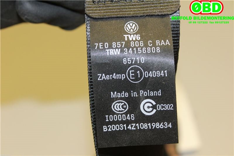 Sikkerhetsbelte foran høyre til VW Transporter / Caravelle 2009-2015 (Fase 2) (T5) (T5) (VOLKSWAGEN|7E0 857 806 C||7E0857806C)