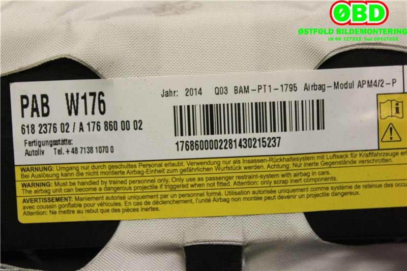 Airbag passasjer til Mercedes GLA 2014-2020 (X156) (X156) (MERCEDES|A 176 860 00 02||1768600002)