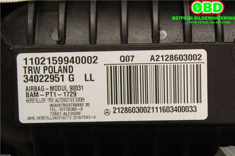 Airbag passasjer til Mercedes E-Klasse 2013-2016 (Fase 2) (W212) (W212) (MERCEDES|A 212 860 30 02||2128603002)