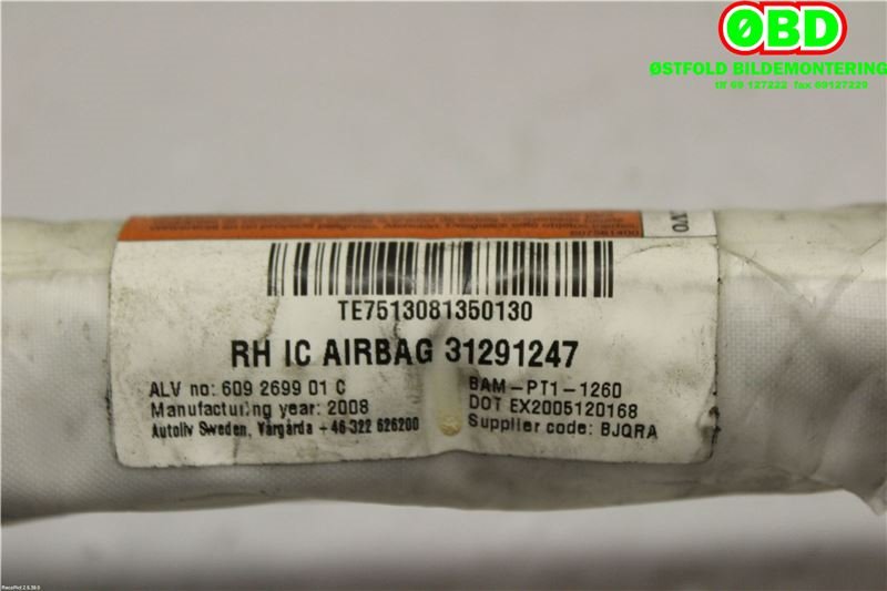 Airbag gardin høyre til Volvo S80 2006-2013 (Type II, Fase 1) (VOLVO|31291247|)