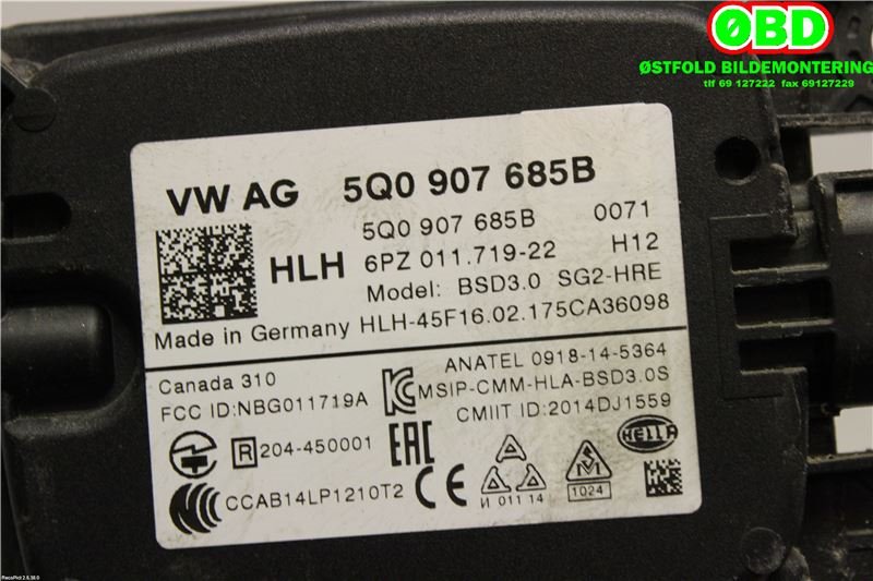 Sensor radar til Škoda Octavia 2017-2020 (Type III, Fase 2)  (SKODA|5Q0 907 685 B||5Q0907685B)