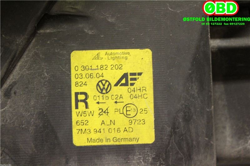 Frontlykt høyre halogen til VW Sharan 2000-2010 (Type I, Fase 2) (VOLKSWAGEN|7M3 941 016 AH||7M3941016AD)