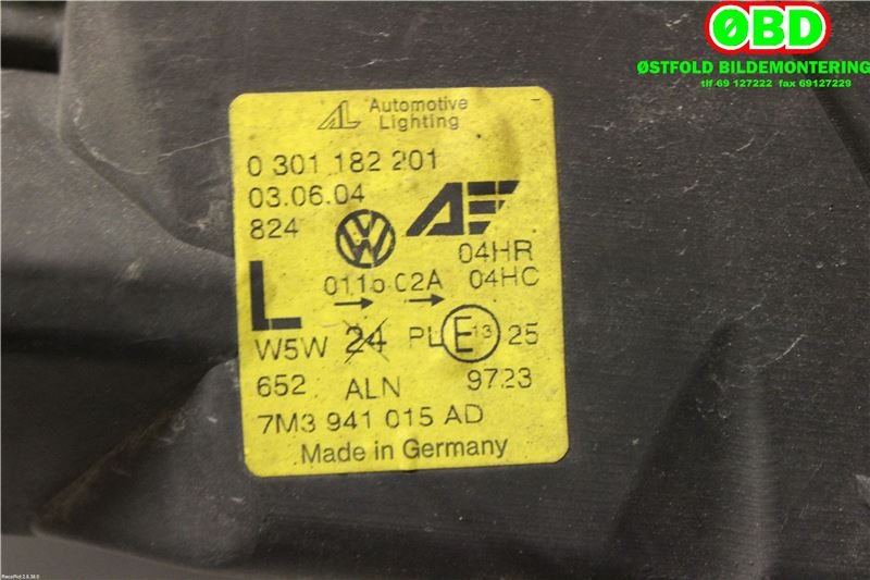 Frontlykt venstre halogen til VW Sharan 2000-2010 (Type I, Fase 2)  (VOLKSWAGEN|7M3 941 015 AH||7M3941015AD)