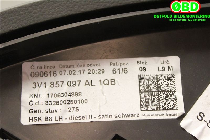 Hanskerom til Škoda Superb 2015-->> (Type III)  (SKODA|3V1 857 097 AL||3V1857097AL)