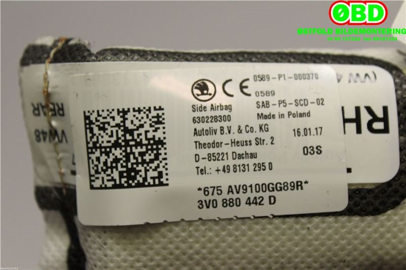 Airbag sidepute høyre til Škoda Superb 2015-->> (Type III) (SKODA|3V0 880 442 D|3V0 880 442 E|3V0880442D)