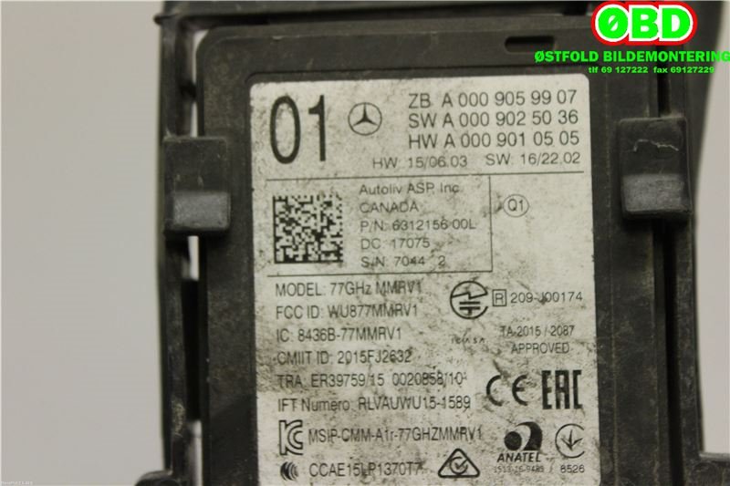Sensor radar til Mercedes E-Klasse 2016-2023 (W213) (W213) (MERCEDES|A 000 905 99 07|A 000 905 26 11|0009059907)