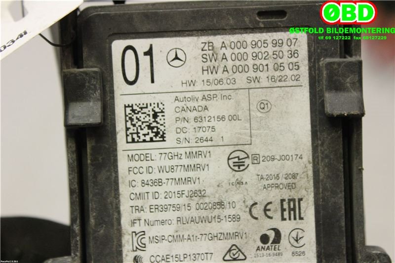 Sensor radar til Mercedes E-Klasse 2016-2023 (W213) (W213) (MERCEDES|A 000 905 99 07|A 000 905 26 11|0009059907)