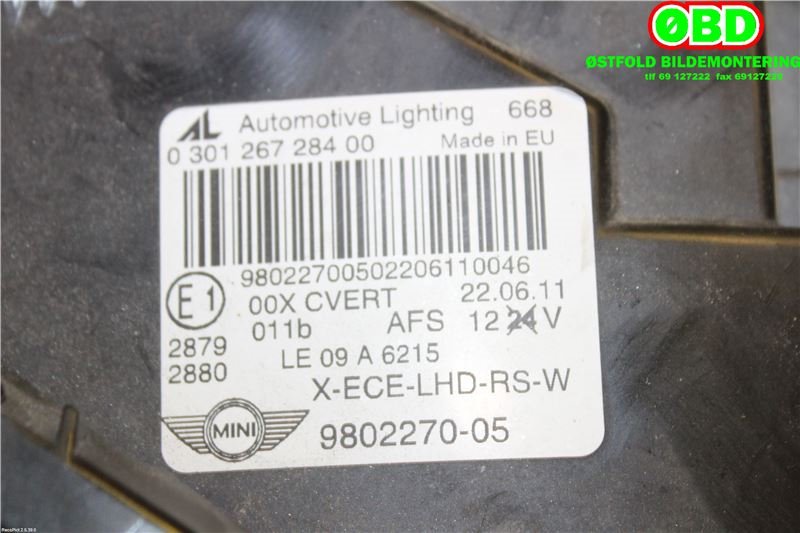 Frontlykt høyre xenon til Mini Countryman 2010-2016 (R60) (R60) (MINI|63 12 9 807 484||9802270)
