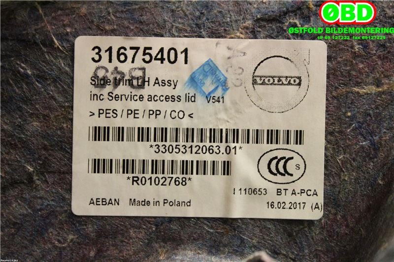 Bagasjerom teppe/gulvplate til Volvo V90 / V90 CC / S90 2016-->>  (VOLVO|31675401|)