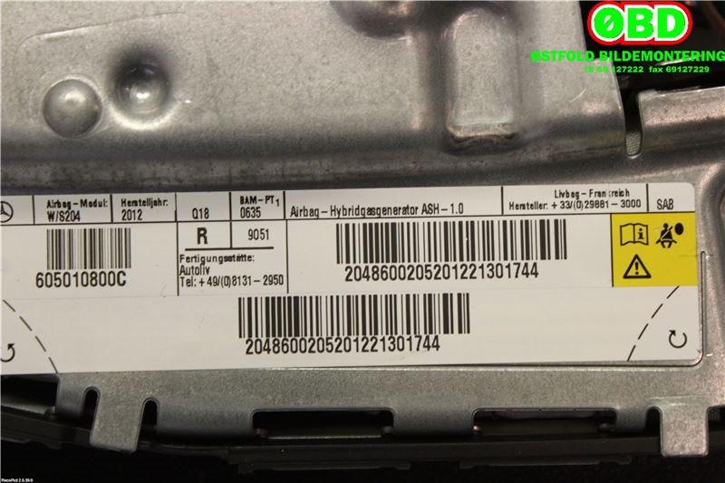 Airbag sidepute høyre til Mercedes GLK 2008-2015 (X204) (X204) (MERCEDES|A 204 860 02 05||2048600205)