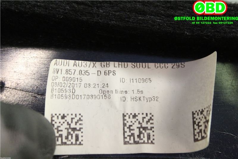 Hanskerom til Audi A3 2016-2020 (Type III, Fase 2)  (AUDI|8V1857035D|)